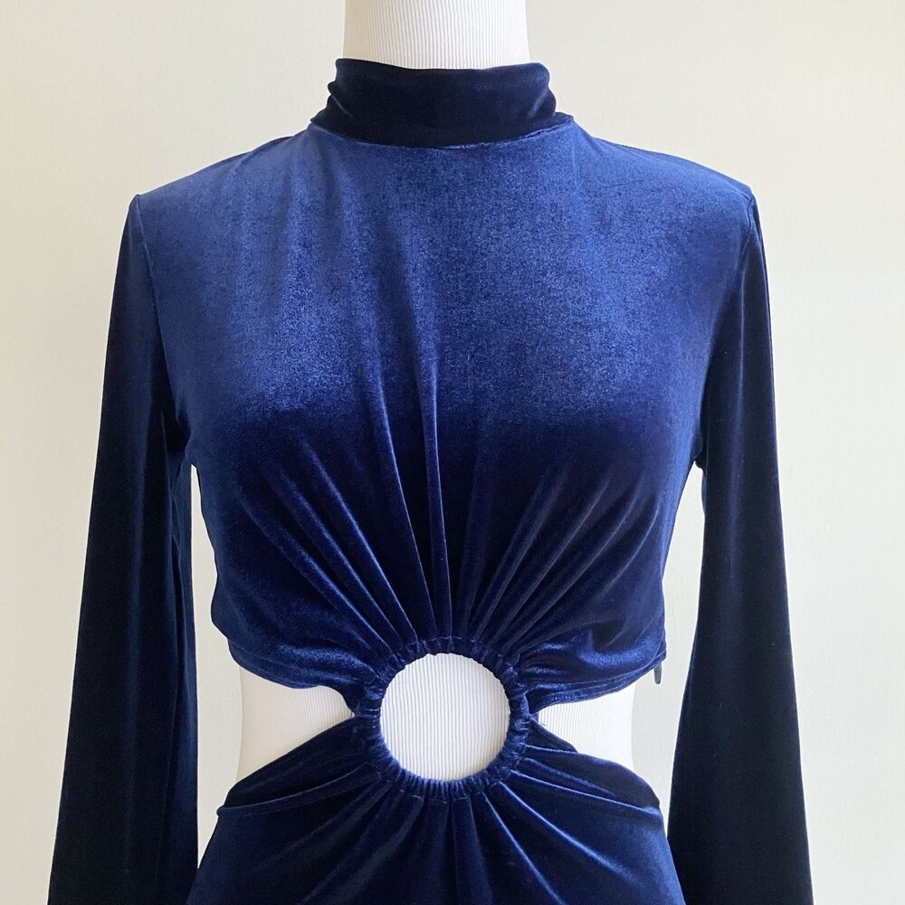 Ronny Kobo Navy Velvet Midi Dress XS Long Sleeve Cutout Mock Neck Party Cocktail - Picture 4 of 8